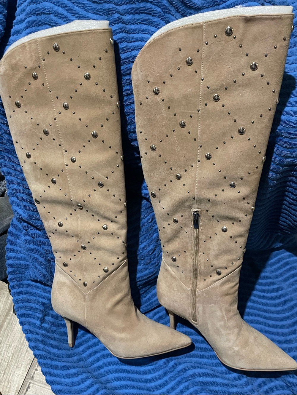 Studded Knee-High Suede Boots - Taupe